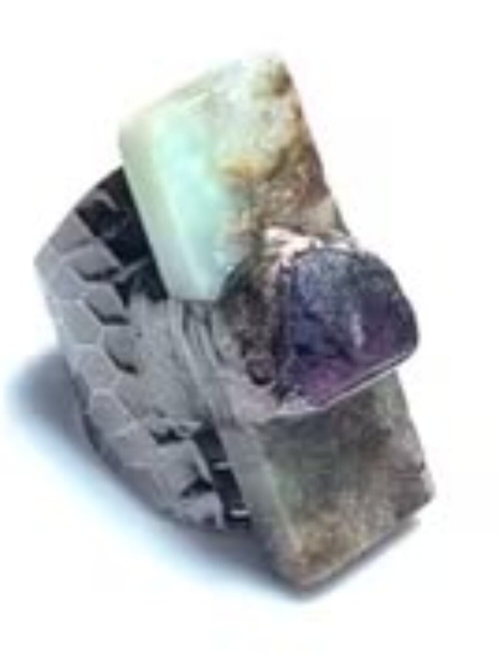 BOHO HAMMERED COPPER GREEN AUSTRALIAN STONE W/ AMETHSYT NUGGET ADJ RING N